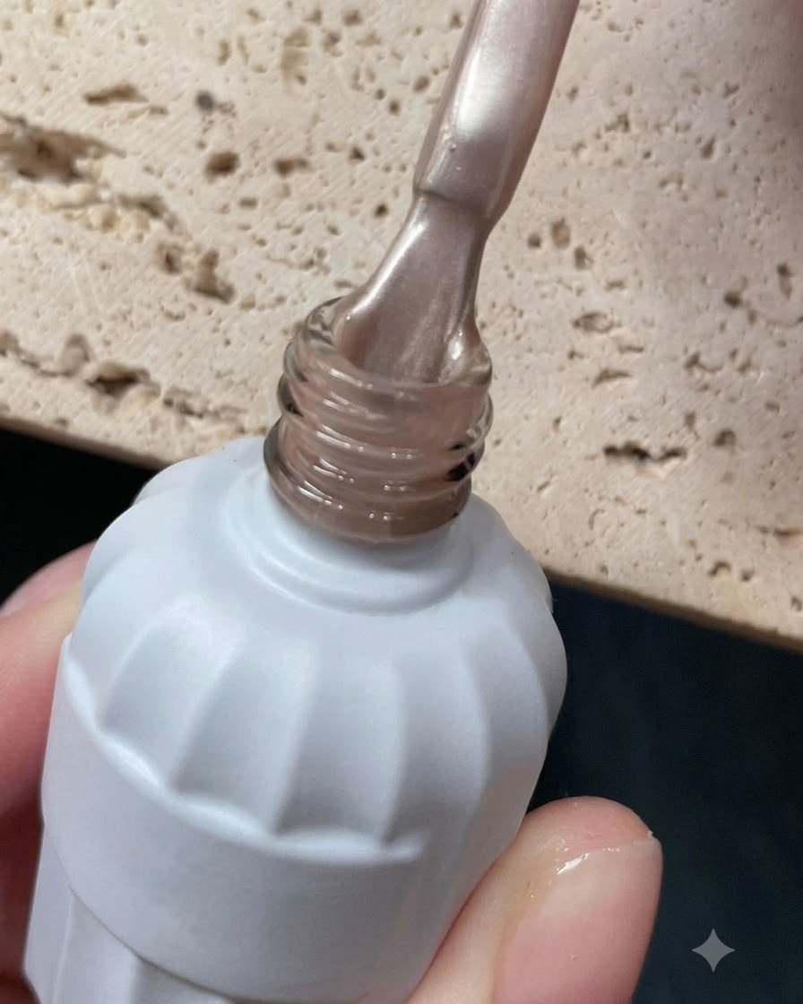 Primer plano de un frasco de esmalte de gel blanco que se está abriendo, revelando el aplicador de pincel.