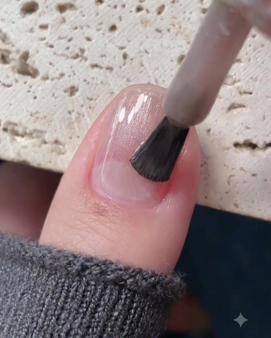 Un pincel de uñas aplicando gel cat eye transparente champaña claro sobre una uña preparada.