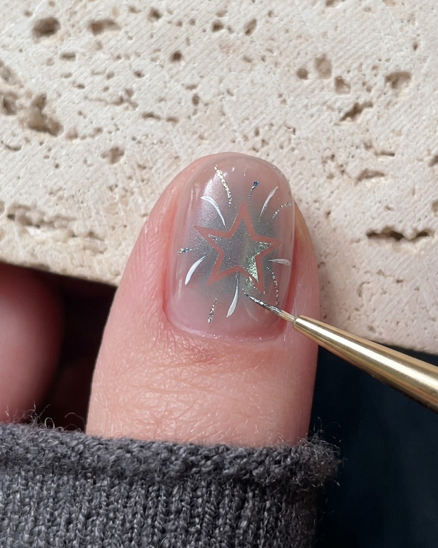 Un pincel fino aplicando acentos de gel de platino azul sobre el diseño de uña detallado.