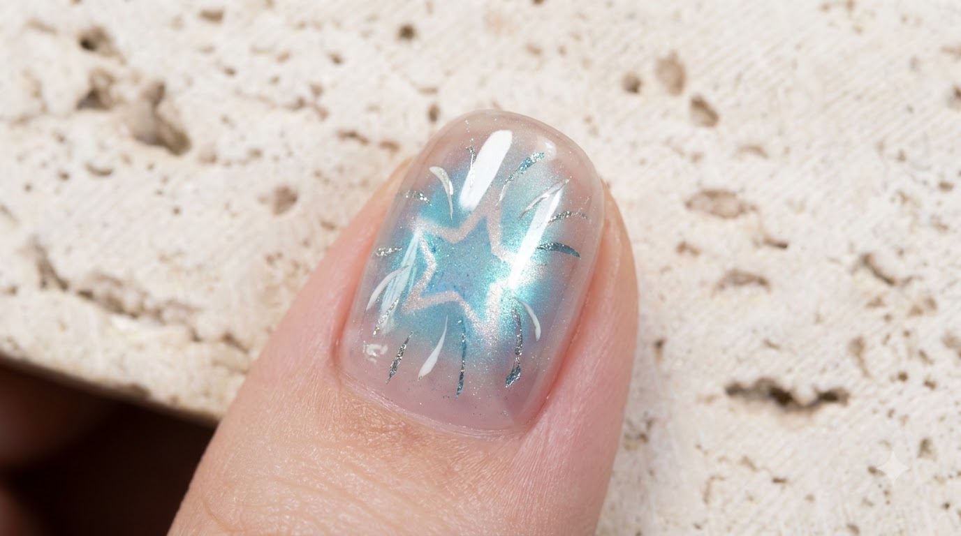 Diseño de Uñas Cat Eye Translúcidas Menta con Estrellas Huecas y Sal Marina