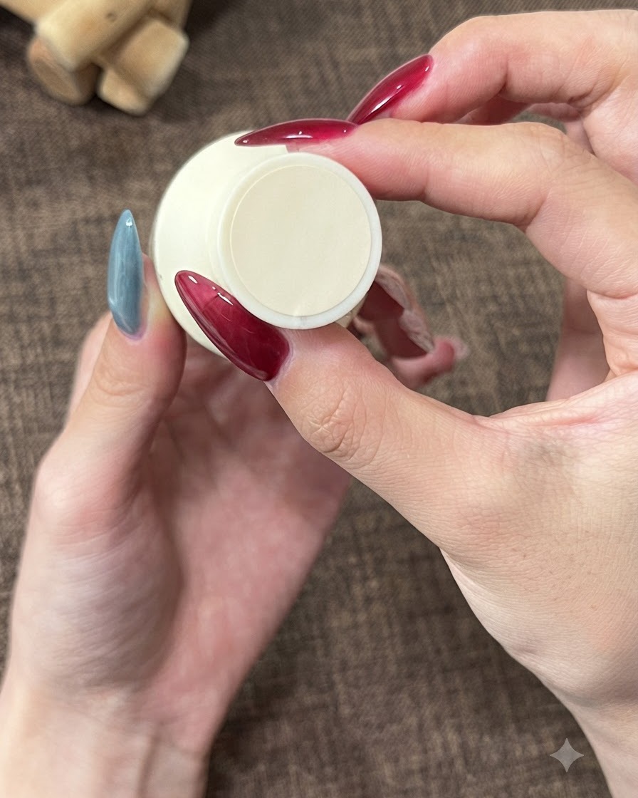 Un primer plano de unas manos sosteniendo un frasco de esmalte de gel de color crema con etiquetas decorativas.