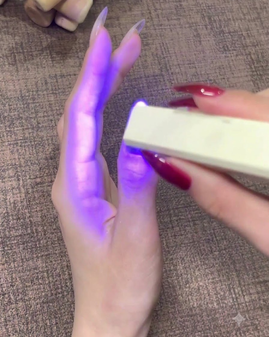 Una lámpara de uñas UV LED portátil brillando con luz morada sobre una uña de pulgar terminada.