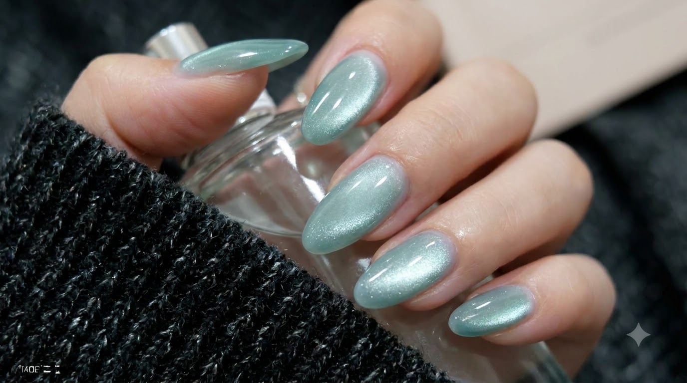 Uñas Verdes Efecto Ojo de Gato con Cuentas de Vidrio — Tutorial de Tendencia de Verano a Invierno