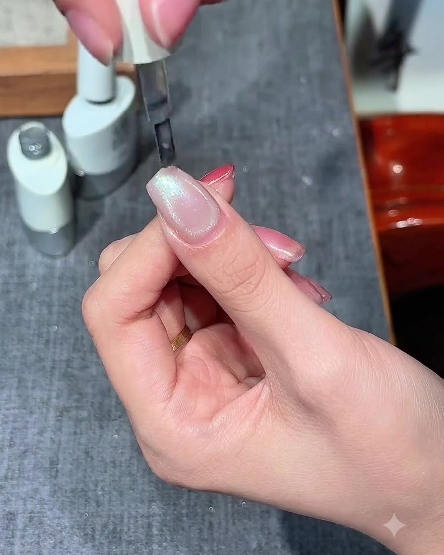 Un pincel aplicando una capa de gel cat eye transparente sobre la base nude curada.