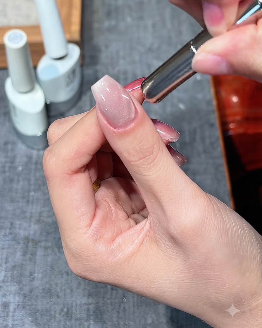 Una varita magnética sostenida cerca de una uña para desplazar las partículas cat eye.