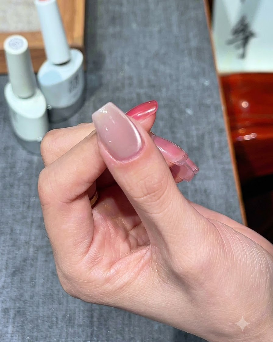 Uñas curándose bajo una lámpara UV/LED después de la aplicación cat eye.