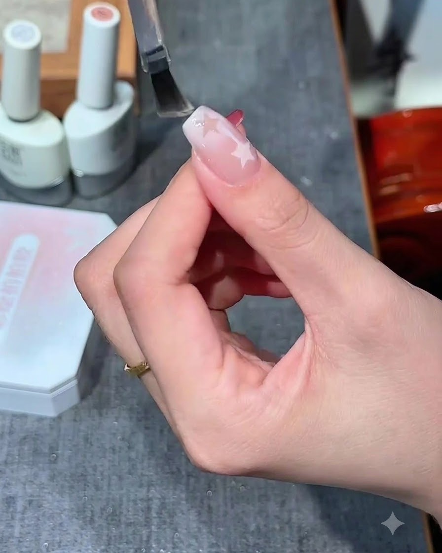 Un pincel de uñas aplicando una capa superior transparente y brillante sobre un diseño de uñas con patrón de estrellas.