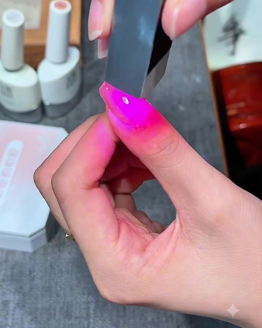 Una uña iluminada por luz UV rosa dentro de una lámpara de curado de uñas.
