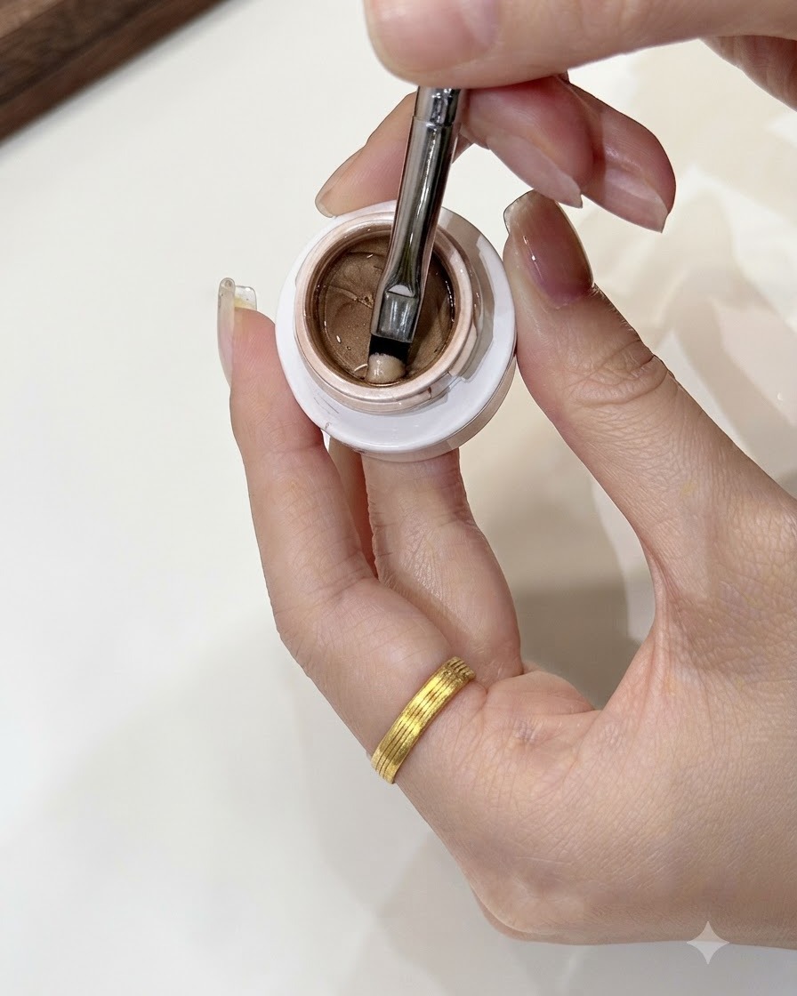 Un pincel de arte para uñas tomando una porción pequeña, del tamaño de un frijol mungo, de gel oro champaña de un frasco abierto.