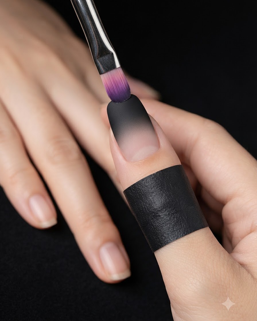 Una herramienta de esponja aplicando esmalte de gel negro en la porción superior de una uña con acabado mate.