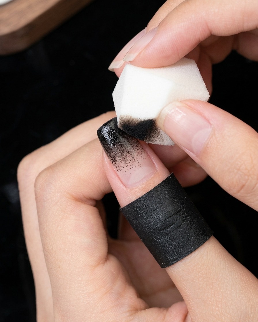 Un primer plano de una pequeña esponja aplicando gel negro en la punta de la uña para intensificar el sombreado ombré.