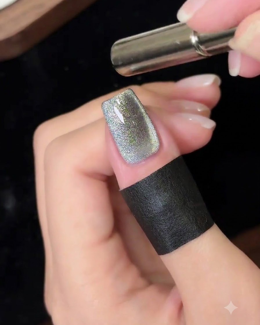 Una varita magnética cilíndrica sostenida cerca de una uña con gel cat eye brillante para formar una franja ancha.
