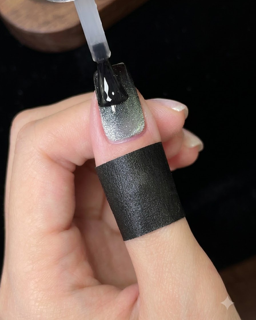 Un pincel aplicando una capa final de esmalte protector brillante sobre la uña de galaxia cat eye terminada.