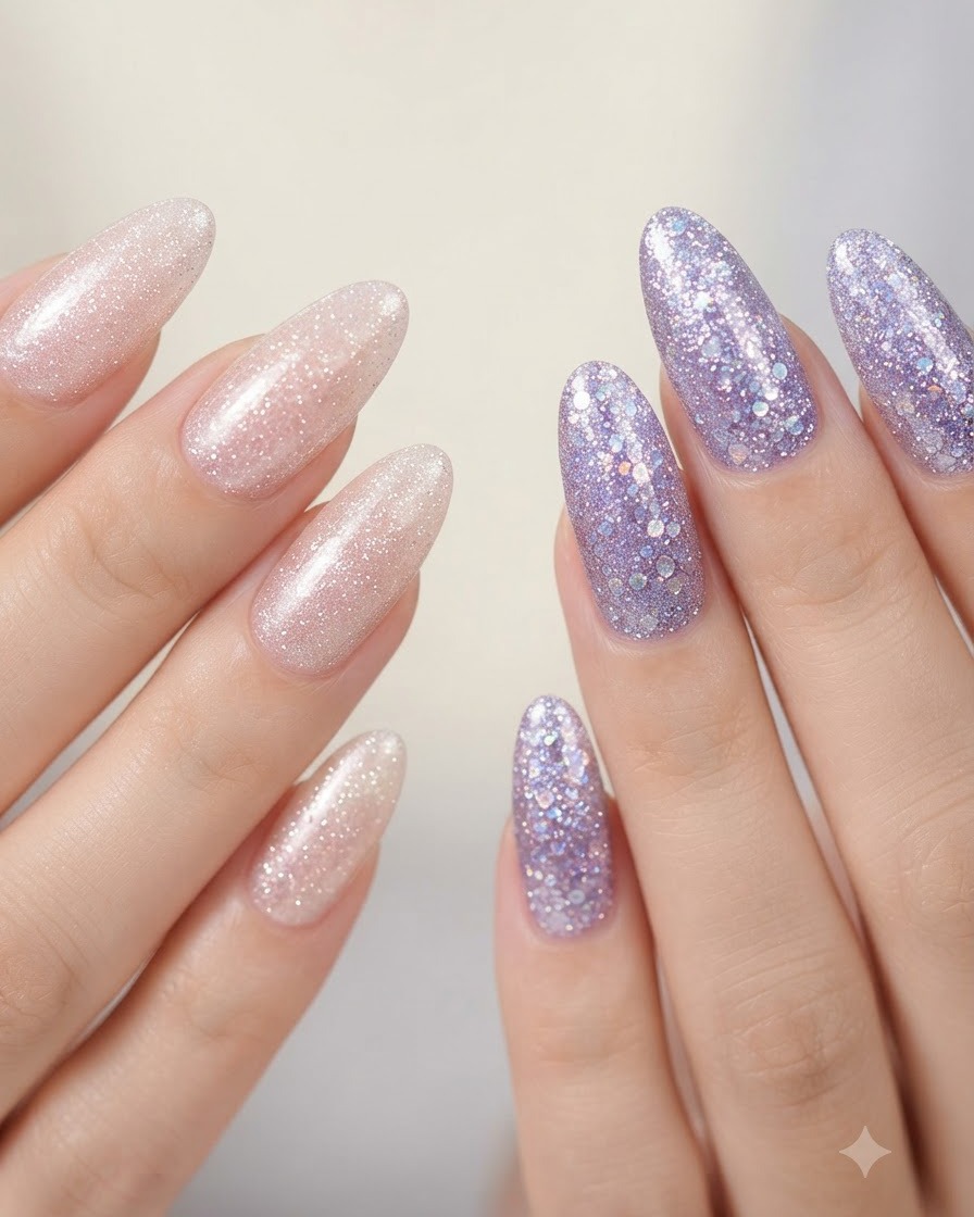 Una vista clara de ambas manos mostrando las uñas de glitter rosa nude y glitter morado una al lado de la otra.