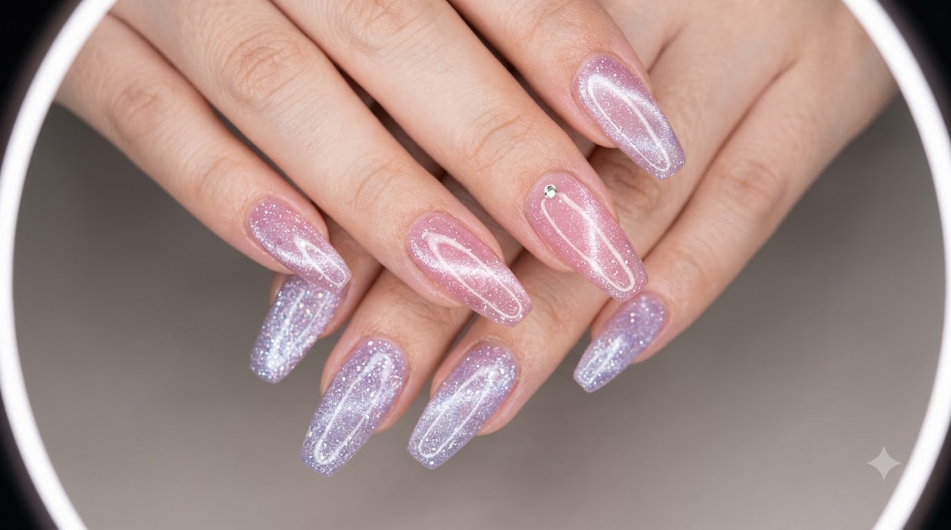 Uñas largas en forma de ataúd con esmalte de gel con glitter brillante rosa y lavanda con efectos cat-eye translúcidos de enoi.
