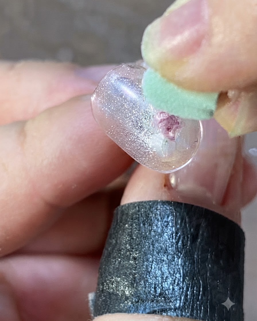 Un plano detalle de una herramienta de silicona presionando detalles de gel rosa sobre la superficie de una uña de práctica transparente.