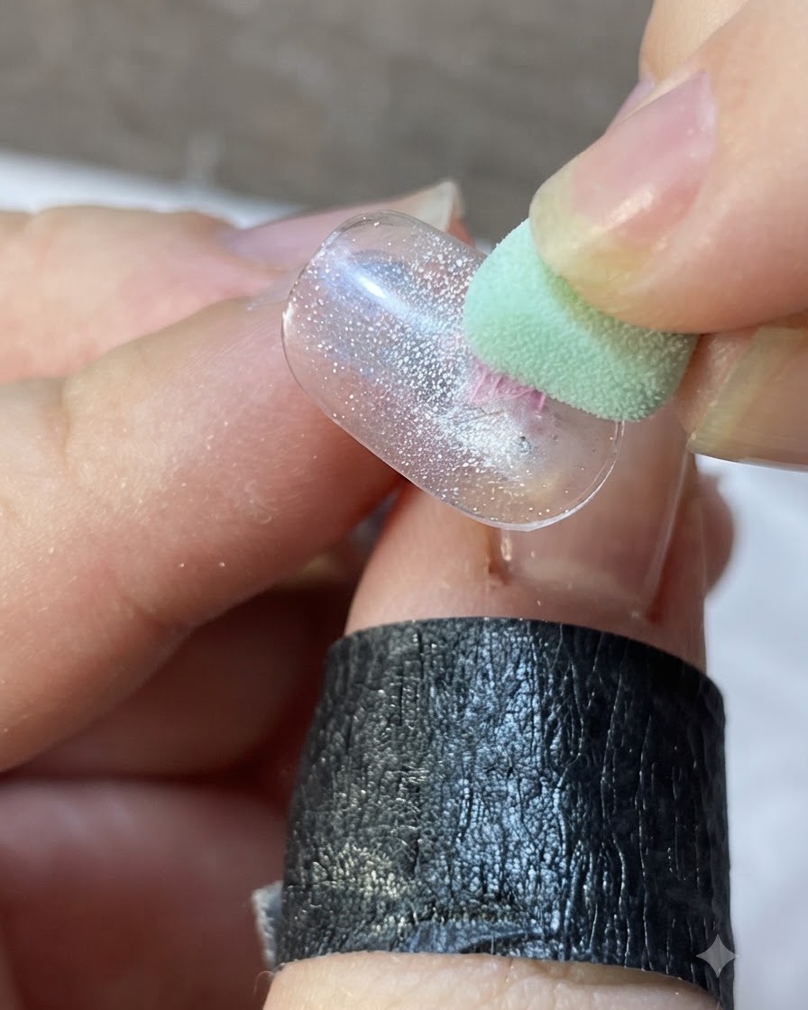 Un pincel delineador fino dibujando líneas delgadas de color rosa hacia afuera desde un elemento central en una punta de uña translúcida.