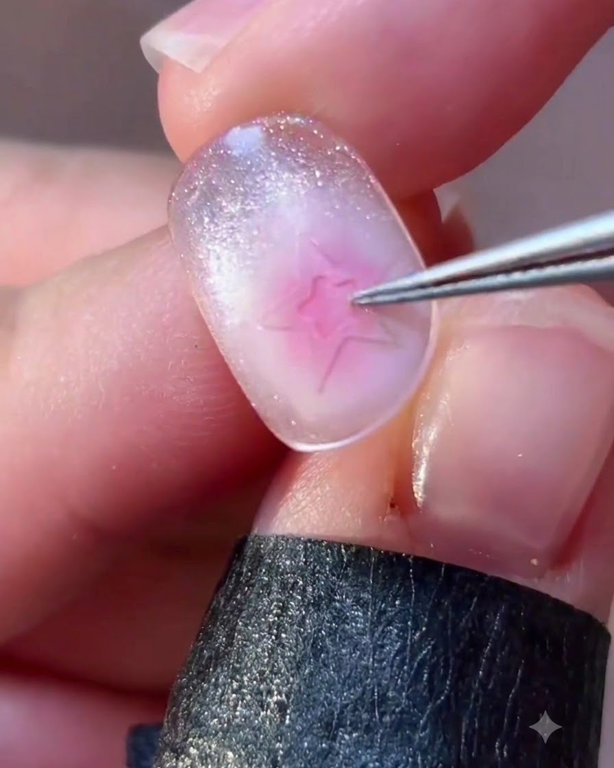 Unas pinzas ajustando con precisión un elemento de arte de uñas en forma de estrella sobre un dedo con manicura.