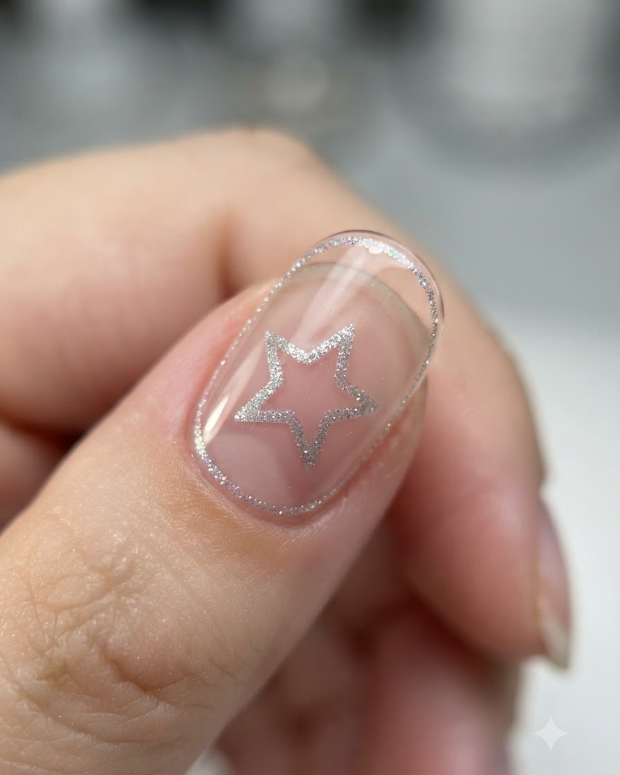 Un plano detalle de un pincel fino colocando pequeños copos iridiscentes sobre una uña de gel transparente.