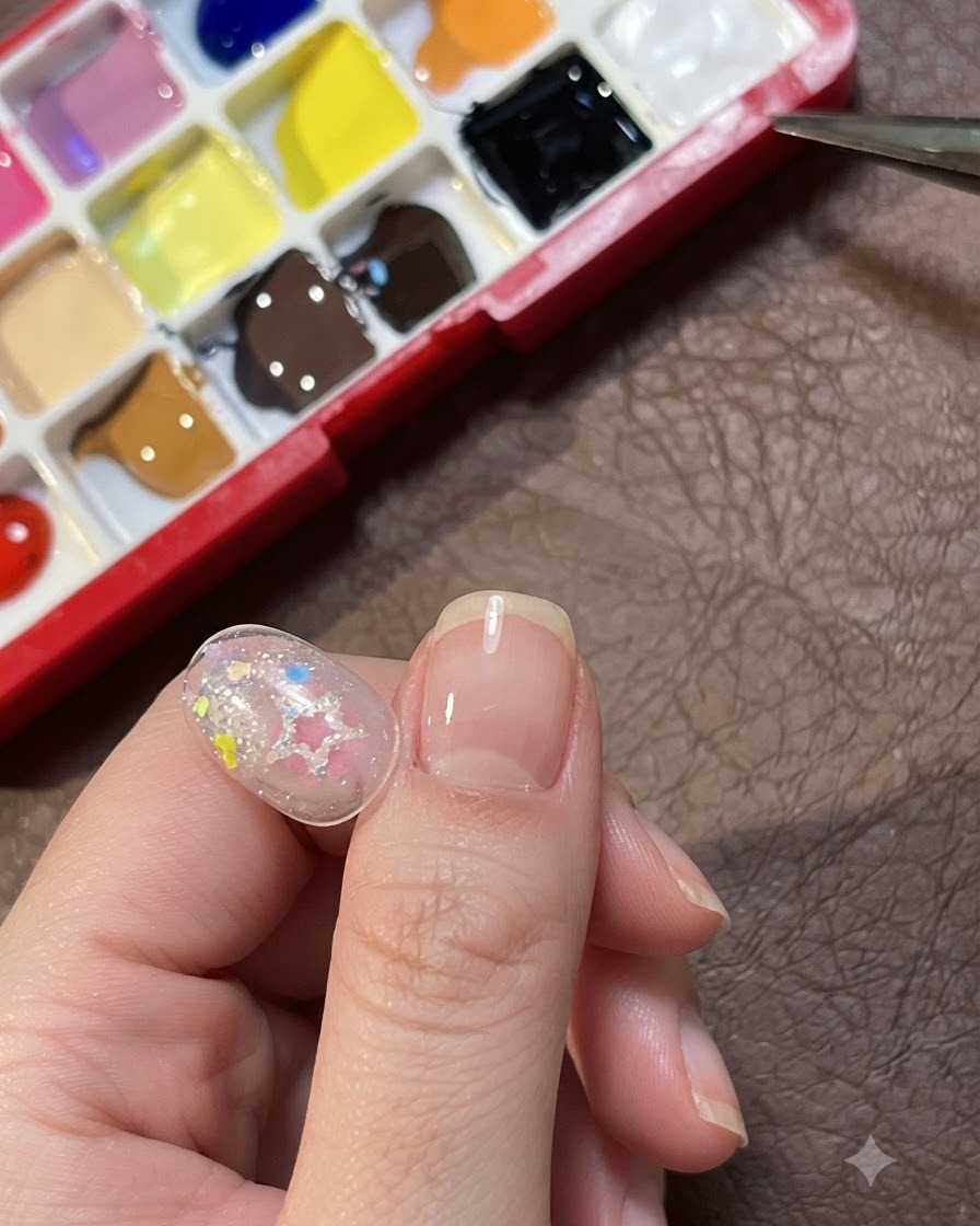 Una paleta de pintura multicolor situada junto a una punta de uña decorada y transparente para arte en gel.