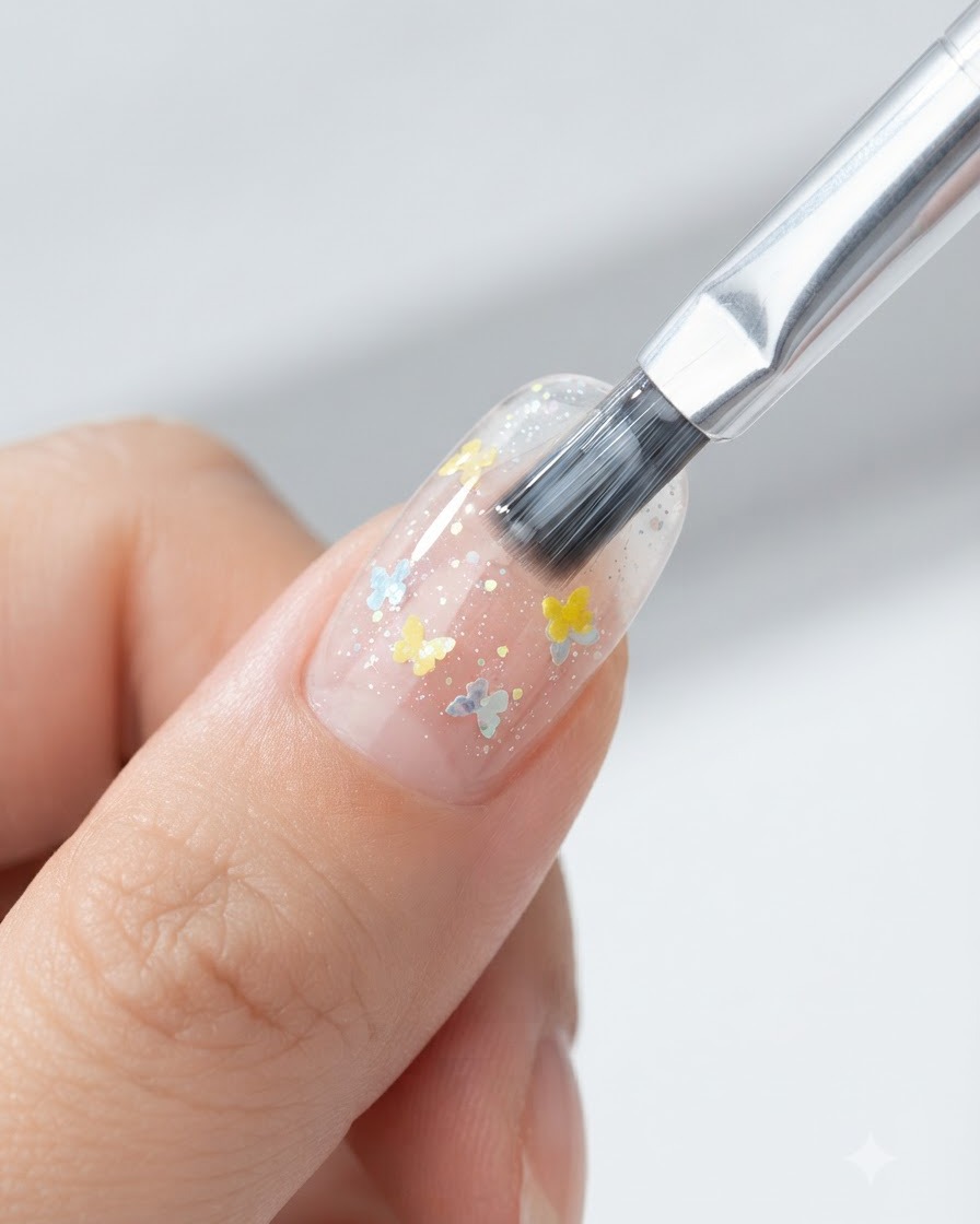 Un pincel de uñas aplicando una capa de brillo suave sobre un diseño de uñas terminado con estrellas y mariposas.