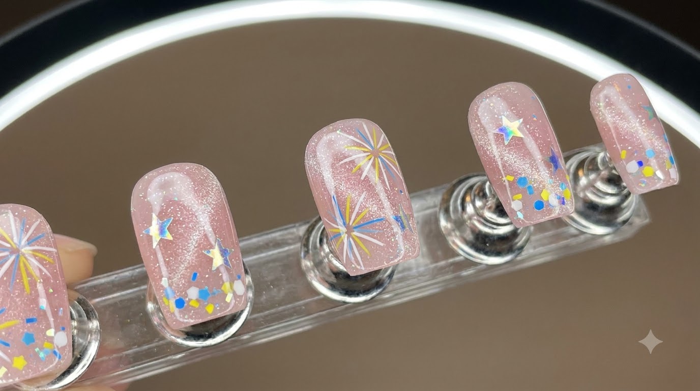 Uñas cortas cuadradas con base rosa lechosa translúcida, brillo cat-eye, pegatinas de estrellas, copos de confeti coloridos y detalles delicados de fuegos artificiales pintados a mano.