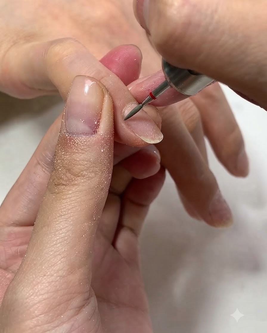 Un primer plano de un torno de uñas eléctrico con una broca de cerámica detallando suavemente la línea de la cutícula de una uña natural.