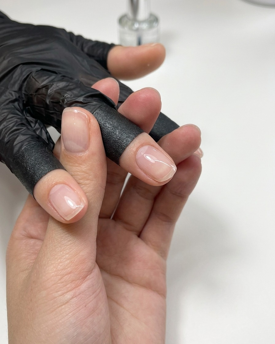 Dedos descansando bajo una mini lámpara de curado con una estructura de gel lisa completada.