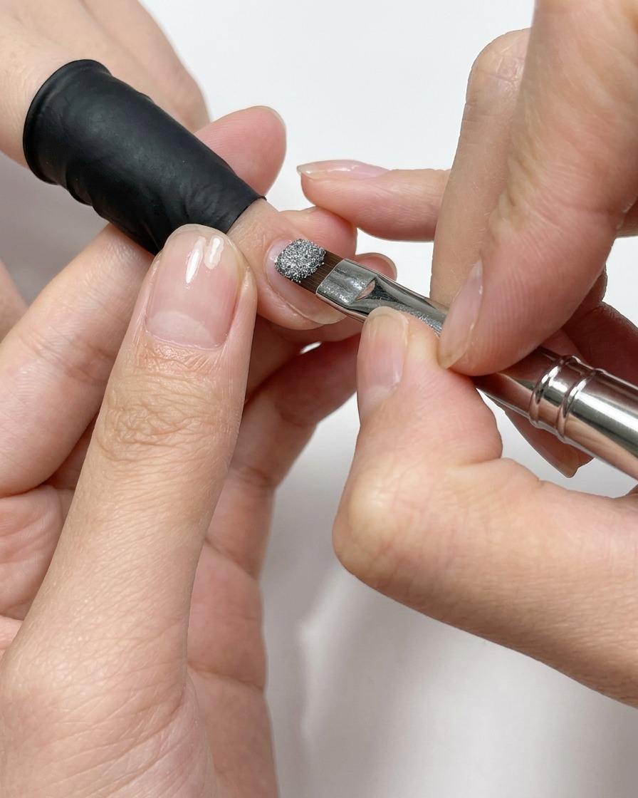 Un pincel de uñas aplicando esmalte de gel ojo de gato brillante sobre una uña.