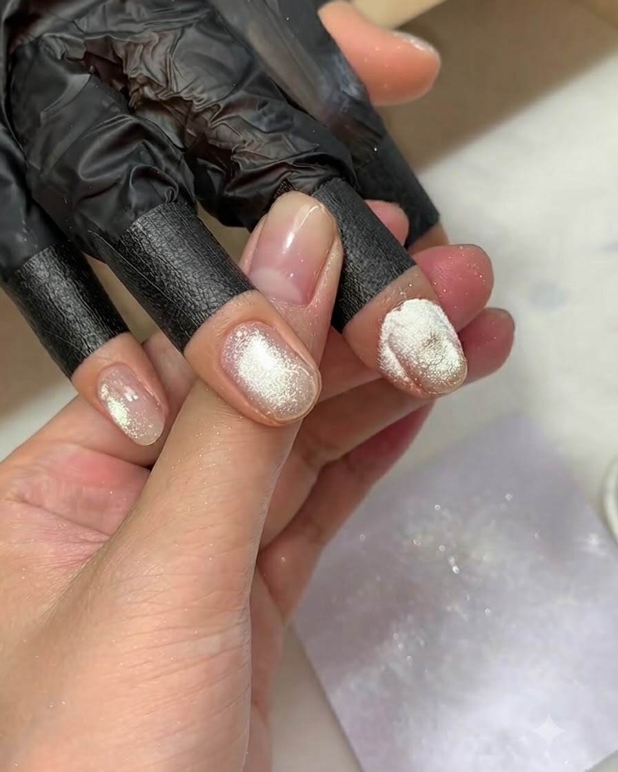 Una mano con purpurina espolvoreada sobre líneas de gel húmedo en una uña.
