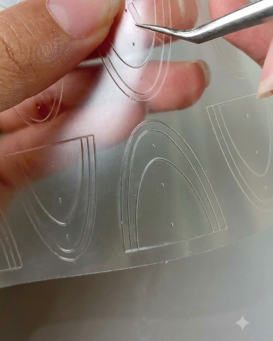 Unas pinzas levantando una pegatina curva de guía francesa de una lámina transparente.