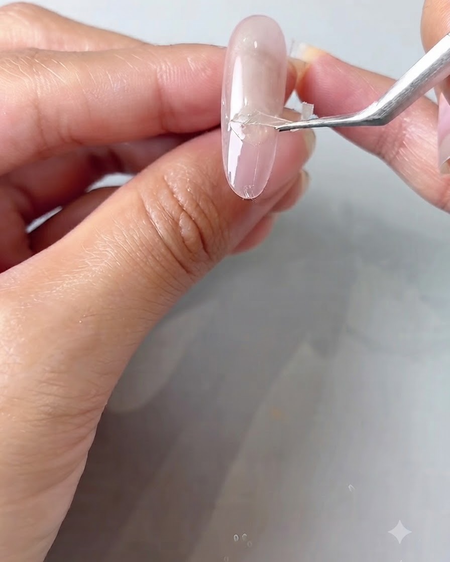Unas pinzas levantando y despegando una pequeña pegatina guía de una uña esmaltada.