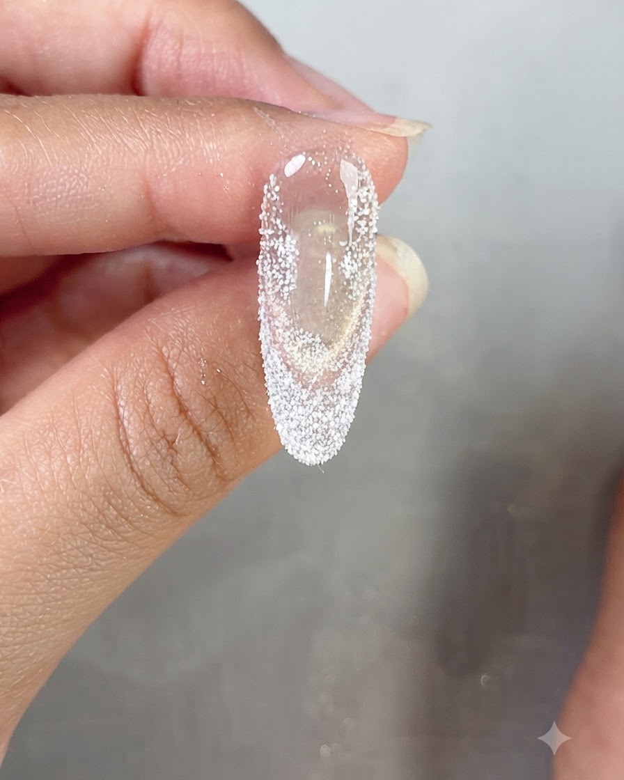 Un primer plano de una uña que muestra un recubrimiento denso de polvo de purpurina blanca que forma una punta francesa.