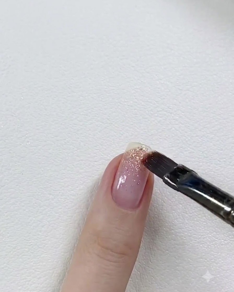 Un pincel de gel plano aplicando gel de purpurina rosa claro en el borde libre de una uña.