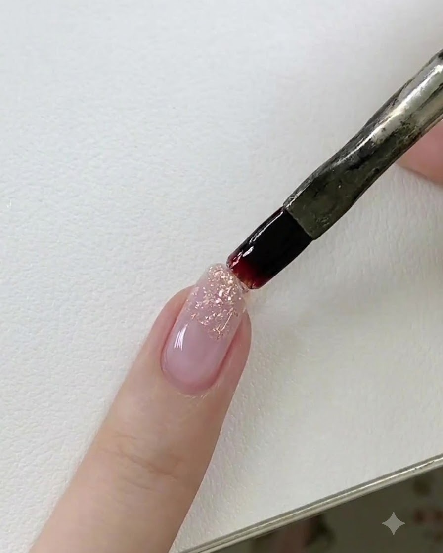 Un pincel de uñas alisando gel de construcción en una uña antes de invertir el dedo para curar bajo una lámpara.