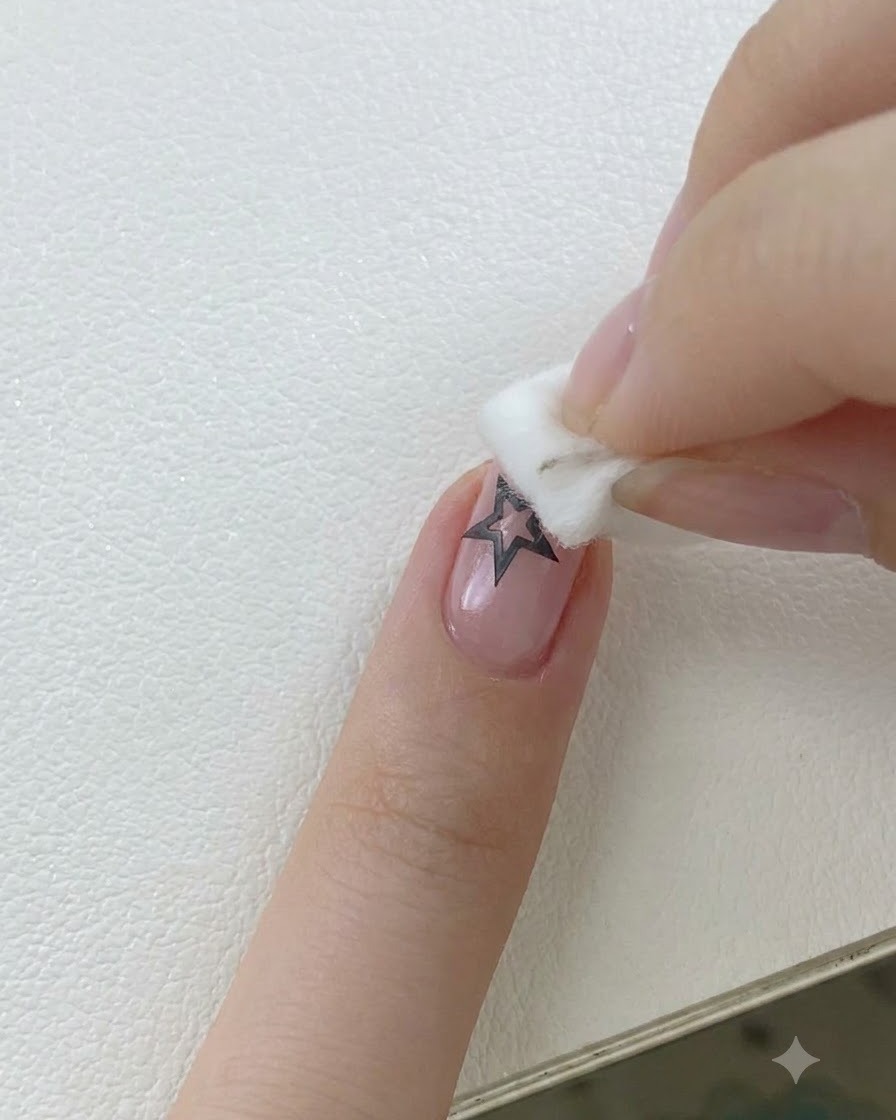 Primer plano de un dedo con una pegatina de estrella negra en la uña, mientras un pequeño aplicador de esponja da toques con esmalte de gel rosa alrededor de sus bordes.