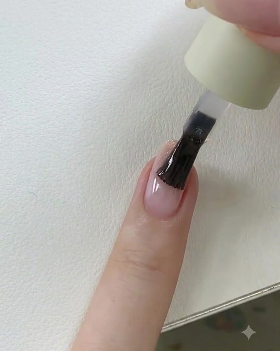 Una mano colocando una uña con top coat húmedo bajo una lámpara UV/LED para el curado final.