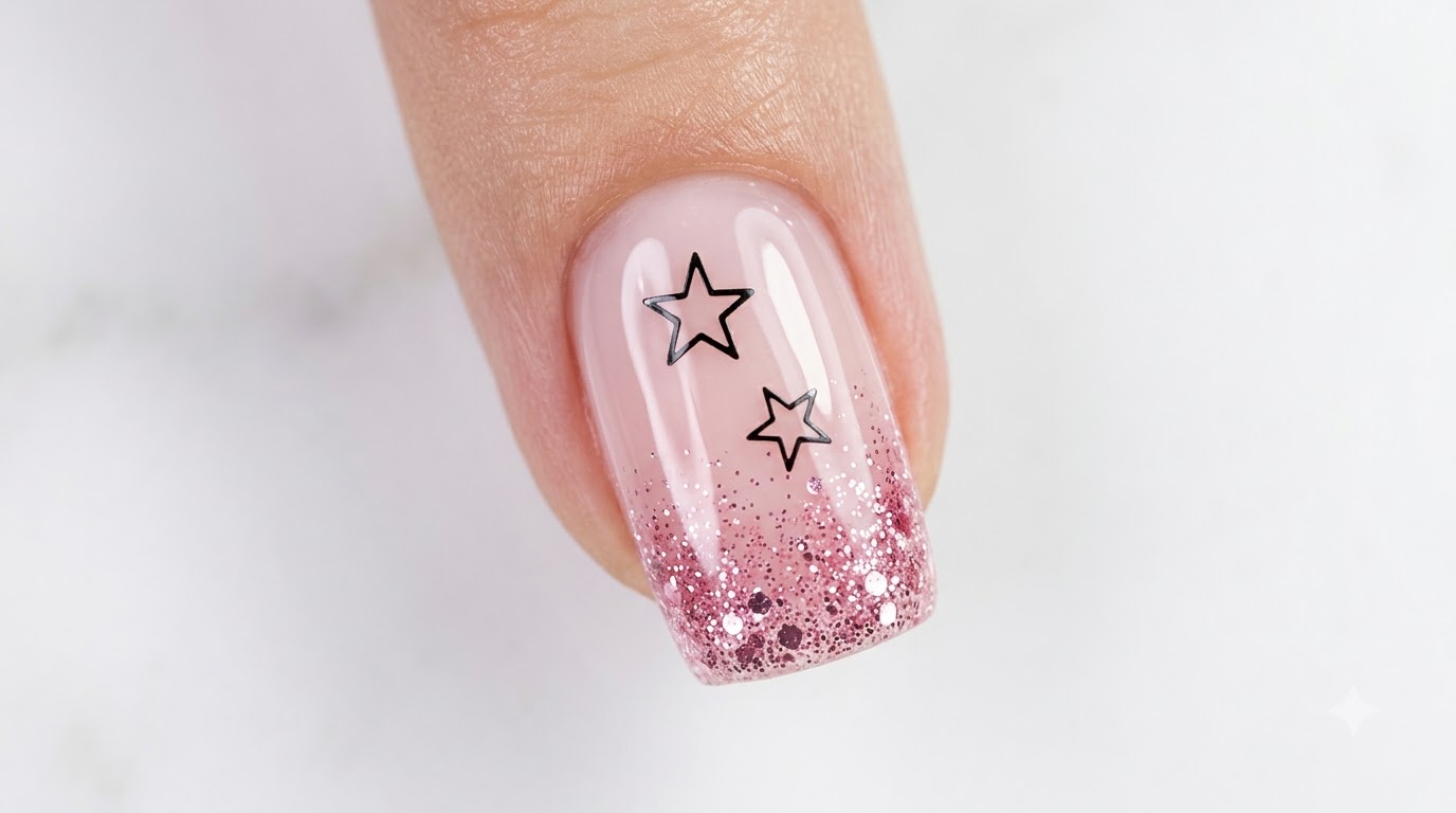 Primer plano de una uña cuadrada con un degradado de purpurina rosa que se difumina hacia la cutícula, adornada con dos pegatinas de estrellas de contorno negro y un acabado de alto brillo.