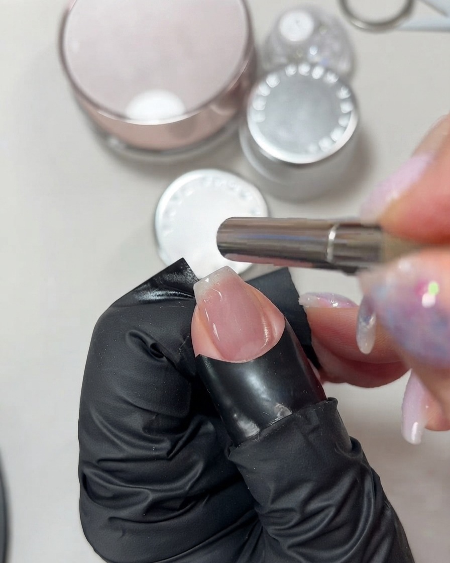 Mano sosteniendo un imán cilíndrico sobre una uña pintada con gel ojo de gato rosa húmedo para manipular los destellos.