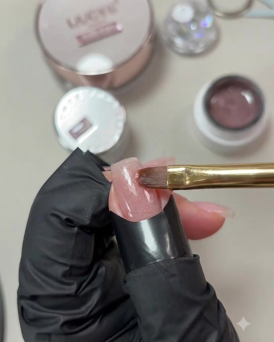 Pincel plano de gel aplicando una fina capa de esmalte brillante ojo de gato rosa sobre una uña a medio terminar.