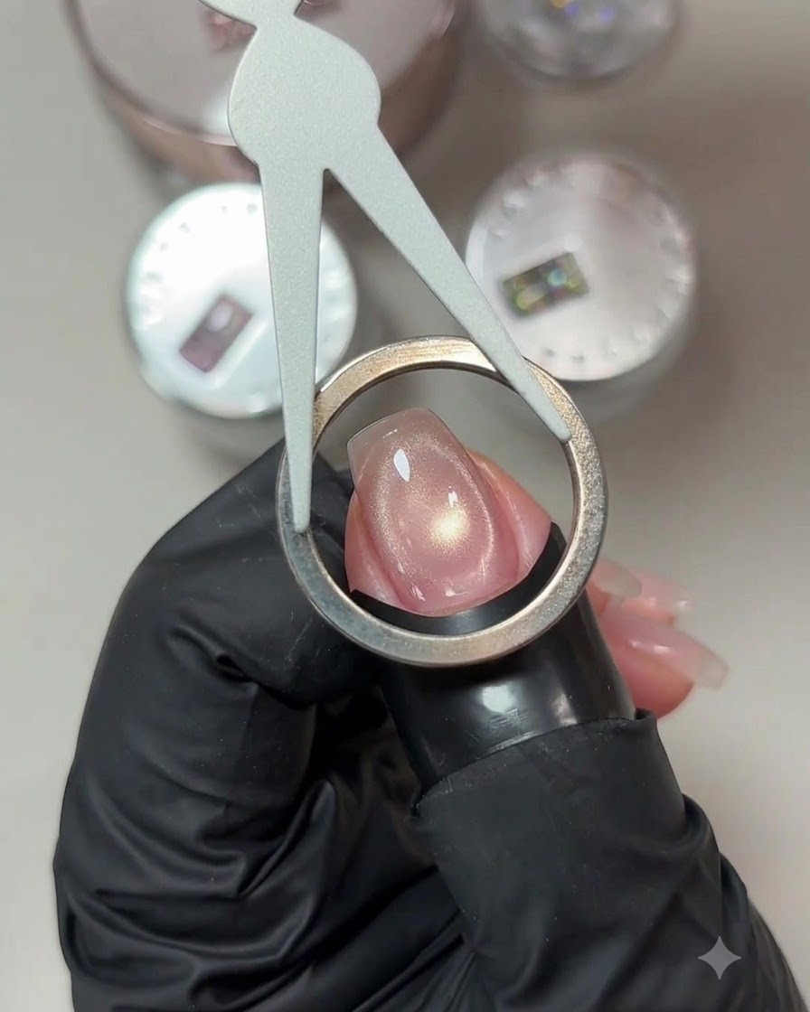 Imán de anillo circular sostenido sobre una uña con gel ojo de gato rosa para crear un efecto halo brillante.