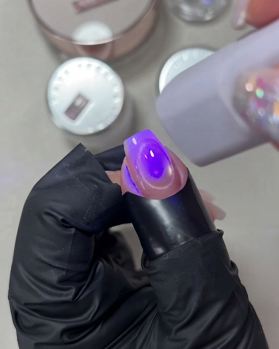 Minilámpara portátil UV LED morada curando una uña pintada con gel bajo luz directa.