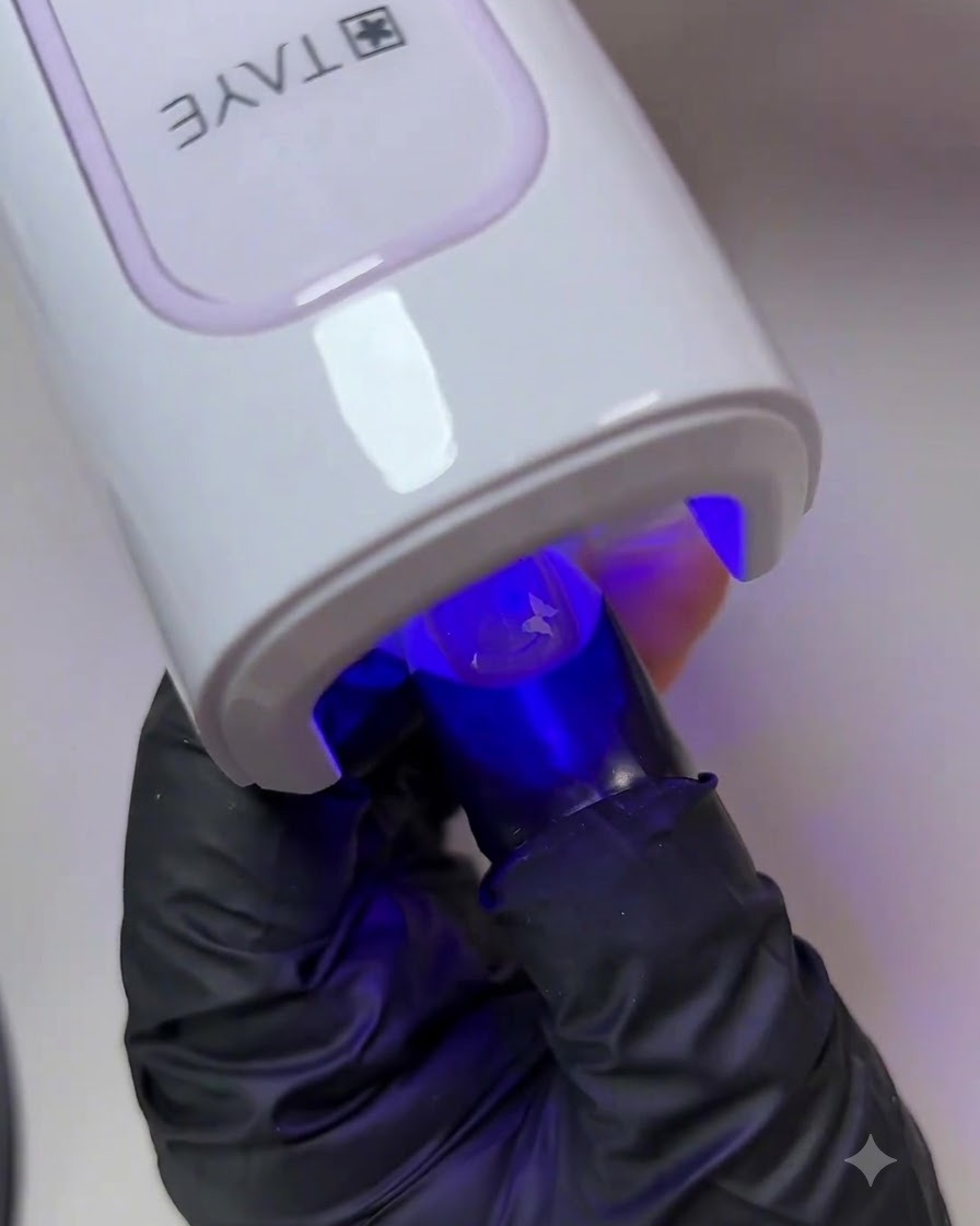 Mano dentro de una lámpara de uñas UV/LED blanca curando la última capa brillante de top coat.