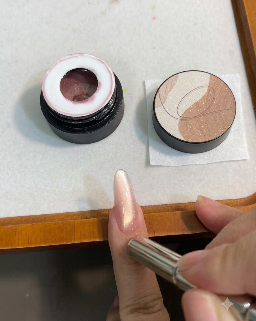 Un imán cilíndrico flotando sobre una uña almendrada pintada con gel cat-eye brillante rosa dorado, dibujando una línea brillante.