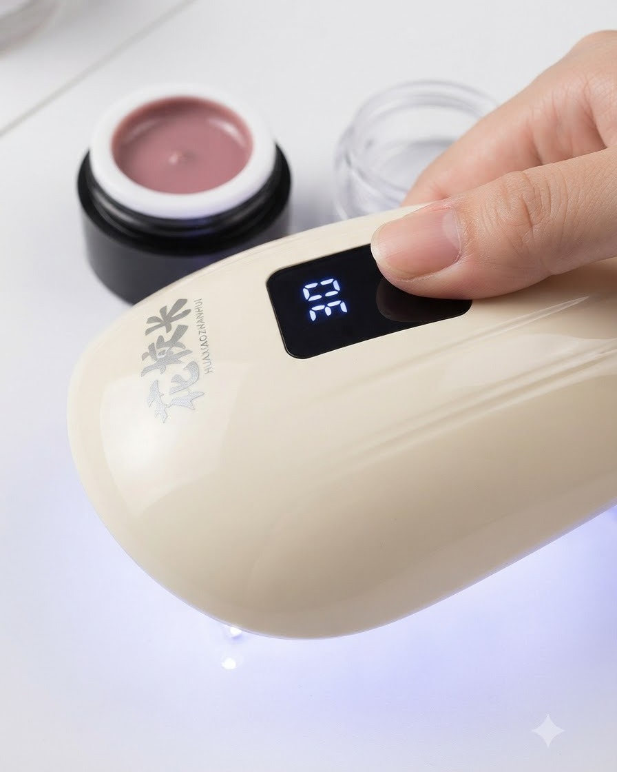 Un dedo curándose bajo una lámpara de uñas UV/LED digital portátil, fijando la capa de gel cat-eye.