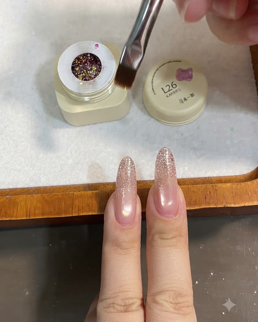 Un pincel de gel sumergiéndose en un tarro abierto de gel de lentejuelas mixtas gruesas en rosa y dorado.