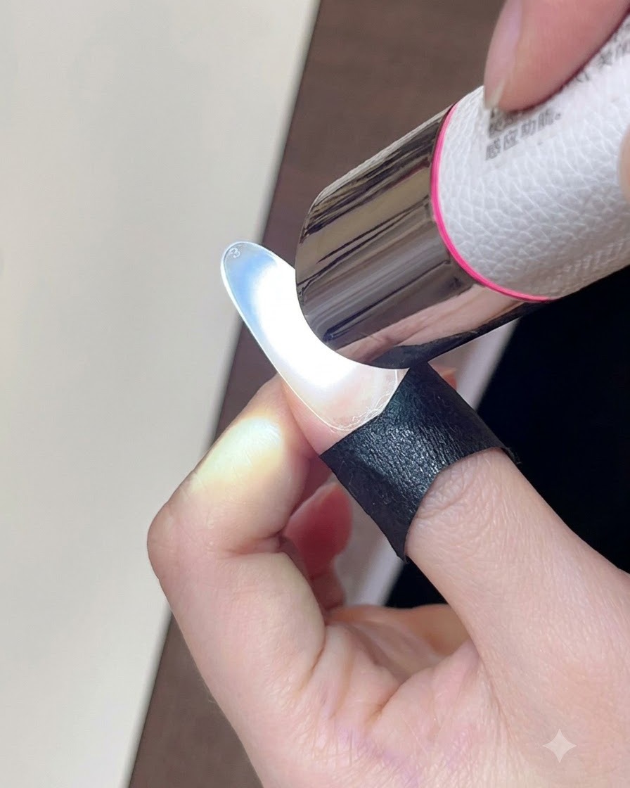 Una mini lámpara UV/LED portátil curando una capa de gel en una uña.