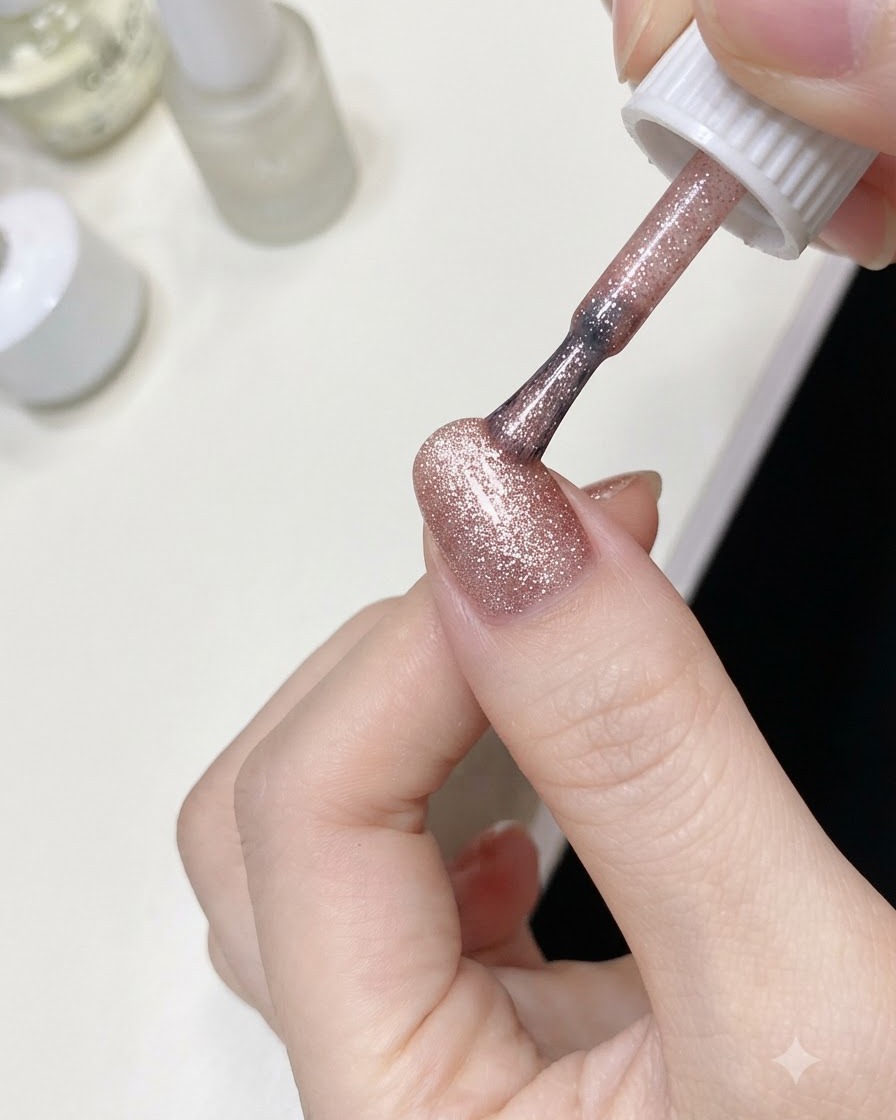 Un pincel aplicando gel de purpurina rosa brillante en la porción inferior de una uña cerca de la cutícula.