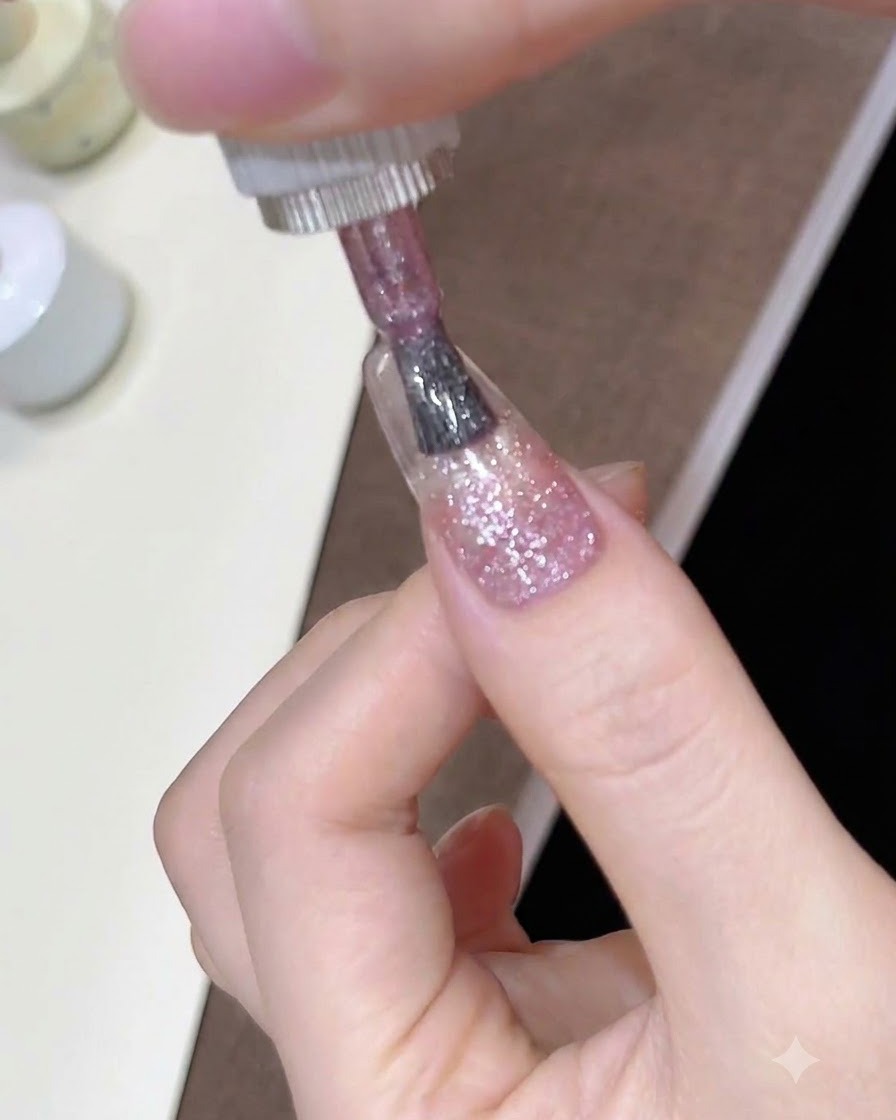 Un pincel de uñas difuminando el gel de purpurina rosa hacia abajo para formar un degradado en la uña.