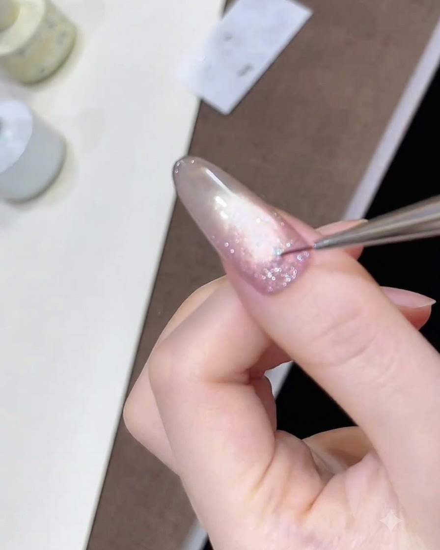 Un pincel delineador de detalles finos colocando pequeñas estrellas sobre la capa de gel de purpurina húmeda.